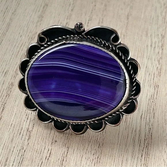 Gary Nez Navajo Purple Banded Agate Native American Huge Signed GN Ring Size 8